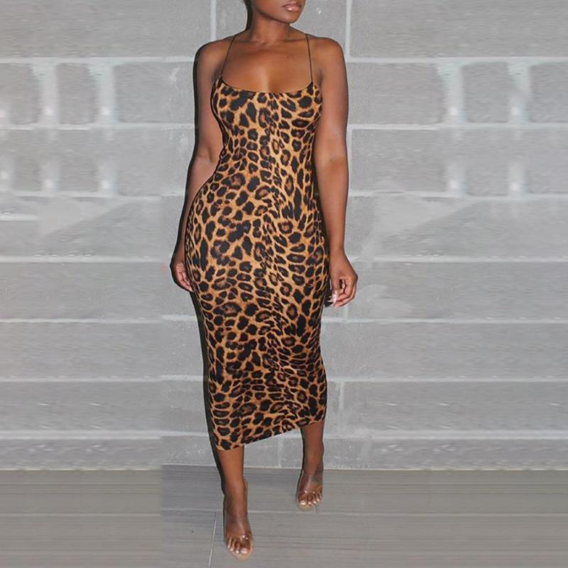 Leopard print chiffon dress Sleeveless thin strap midi  dress party dresses robe femme vestidos mujer Mssaz Desses