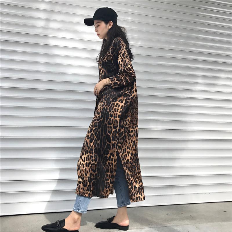 Leopard print shirt dress long sleeve causal loose split dress  streetwear Button up korean dresses vestidso Mssaz Desses