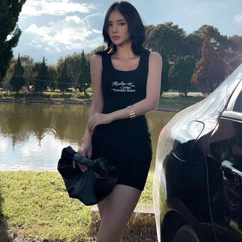 Letter Print Ribbed Tank  Sleeveless Bodycon Mini Dress Mssaz Desses