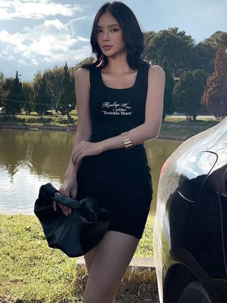 Letter Print Ribbed Tank  Sleeveless Bodycon Mini Dress Mssaz Desses