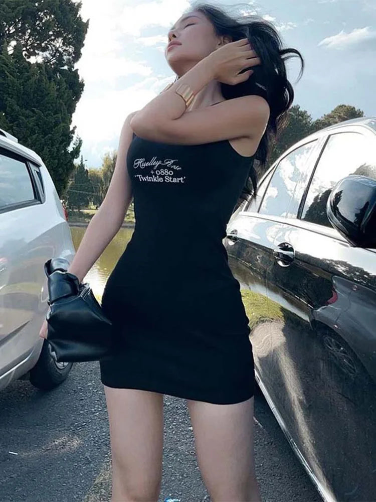 Letter Print Ribbed Tank  Sleeveless Bodycon Mini Dress Mssaz Desses