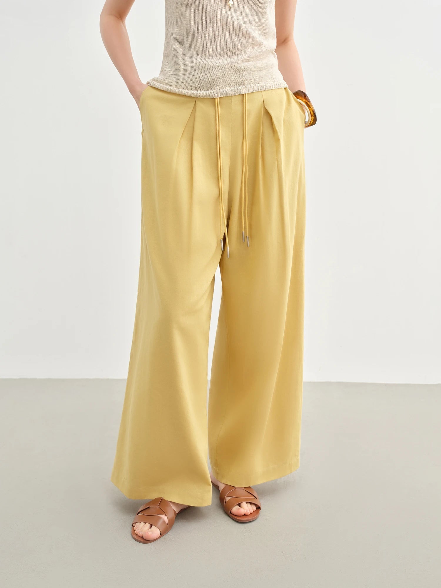 Linen Drawstring Wide-leg Cotton Knitted Drape Loose High Waist Slim Casual Pants Mssza