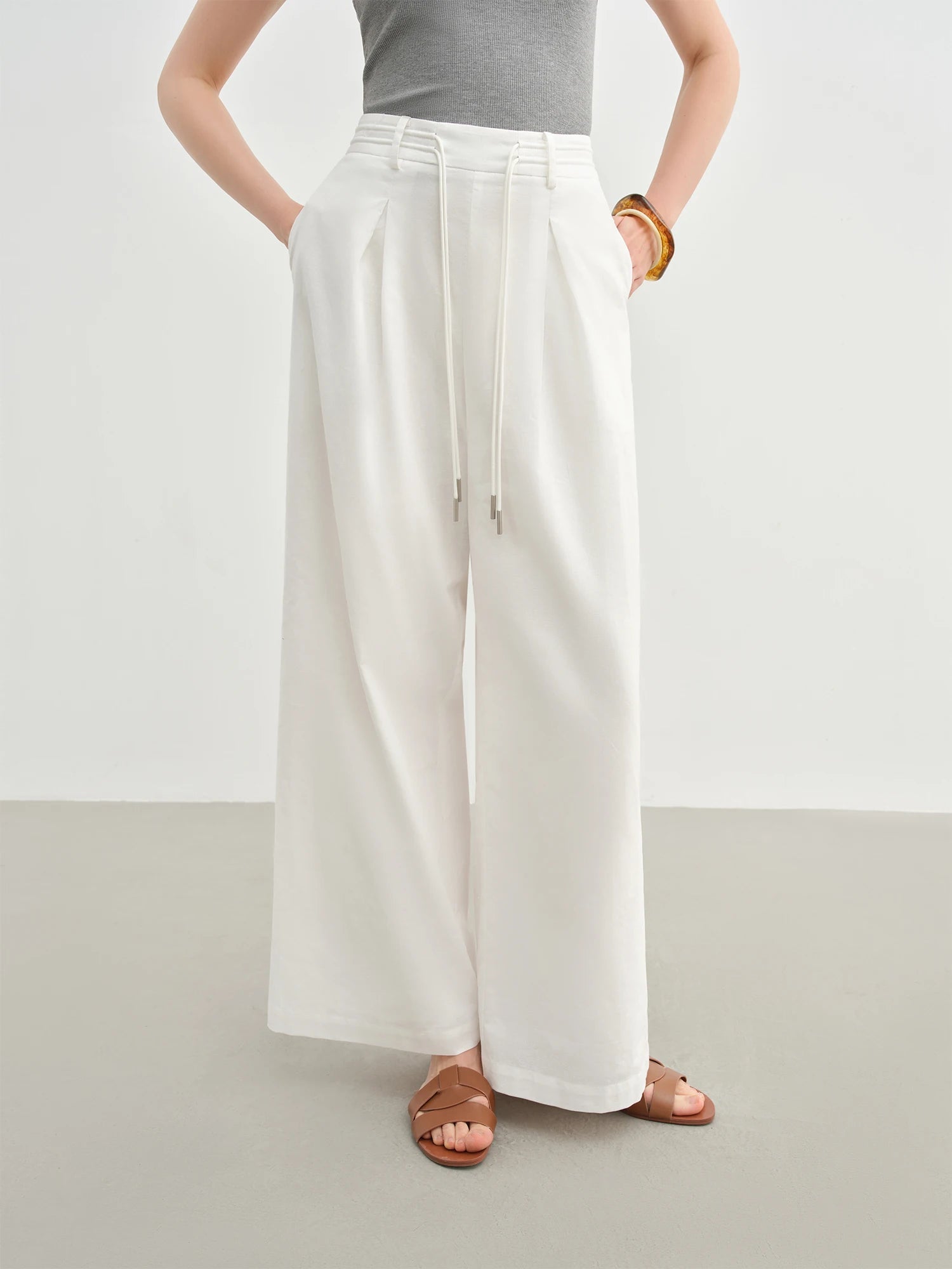 Linen Drawstring Wide-leg Cotton Knitted Drape Loose High Waist Slim Casual Pants Mssza