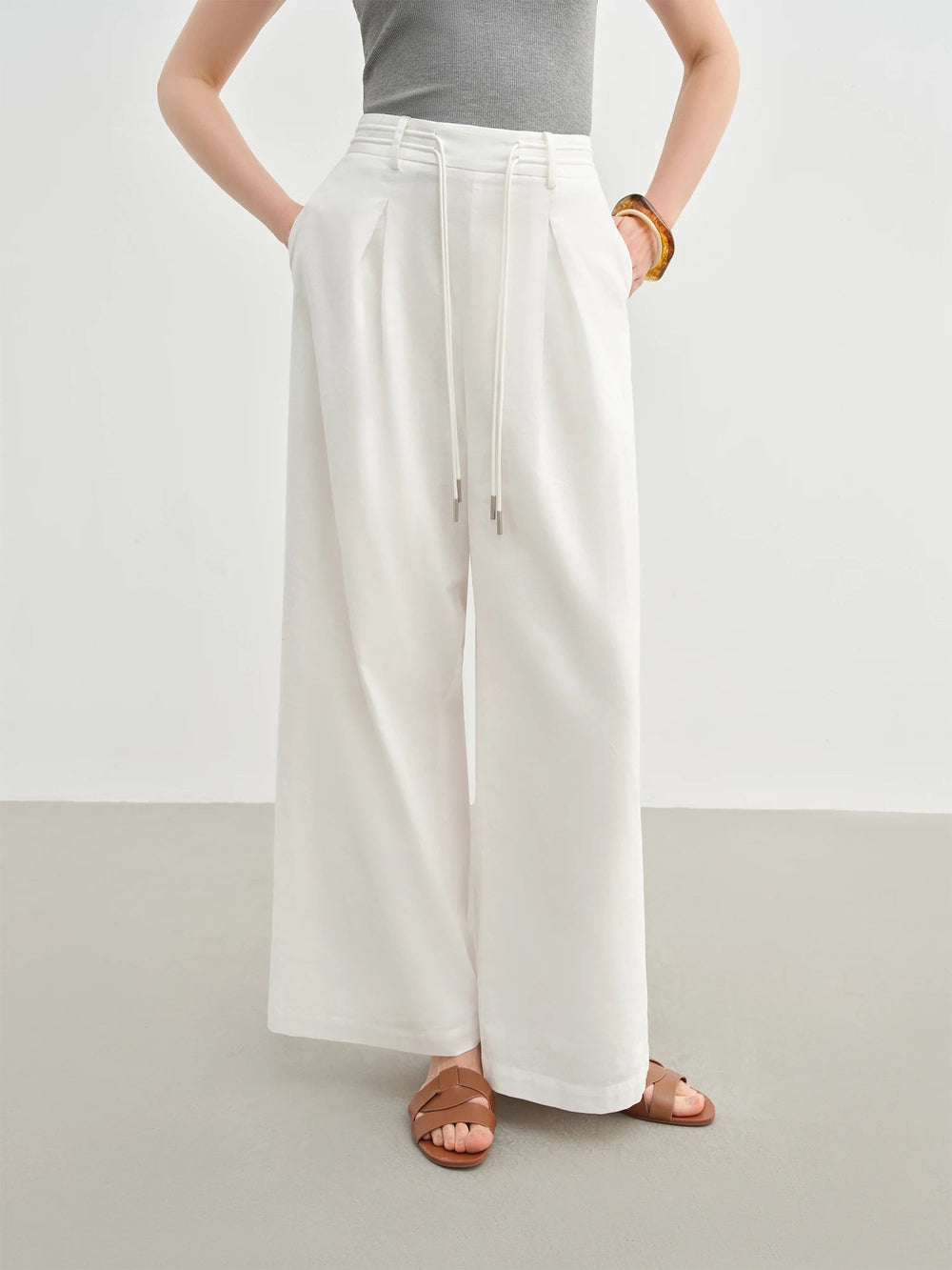 Linen Drawstring Wide-leg Cotton Knitted Drape Loose High Waist Slim Casual Pants Mssza