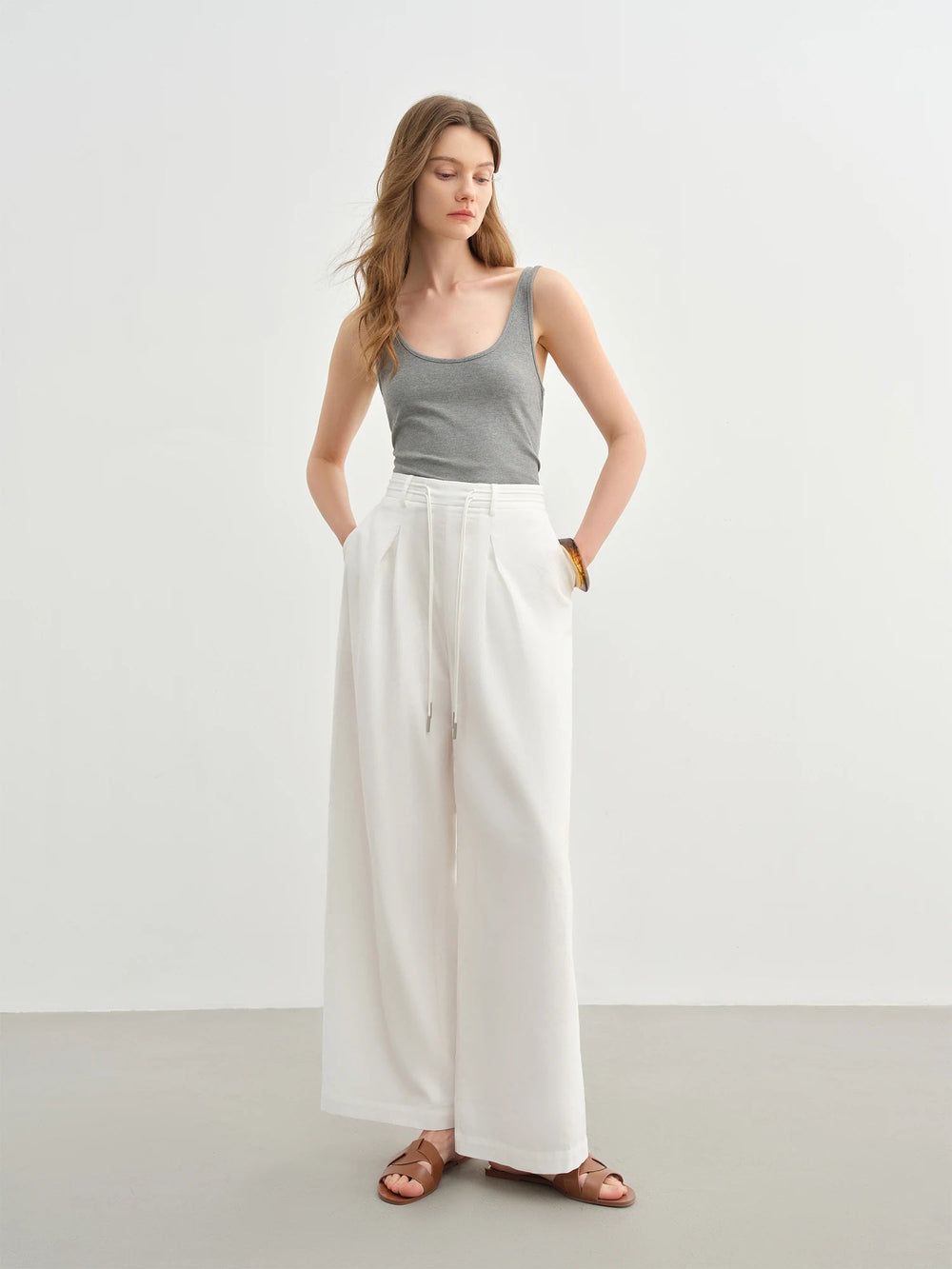 Linen Drawstring Wide-leg Cotton Knitted Drape Loose High Waist Slim Casual Pants Mssza