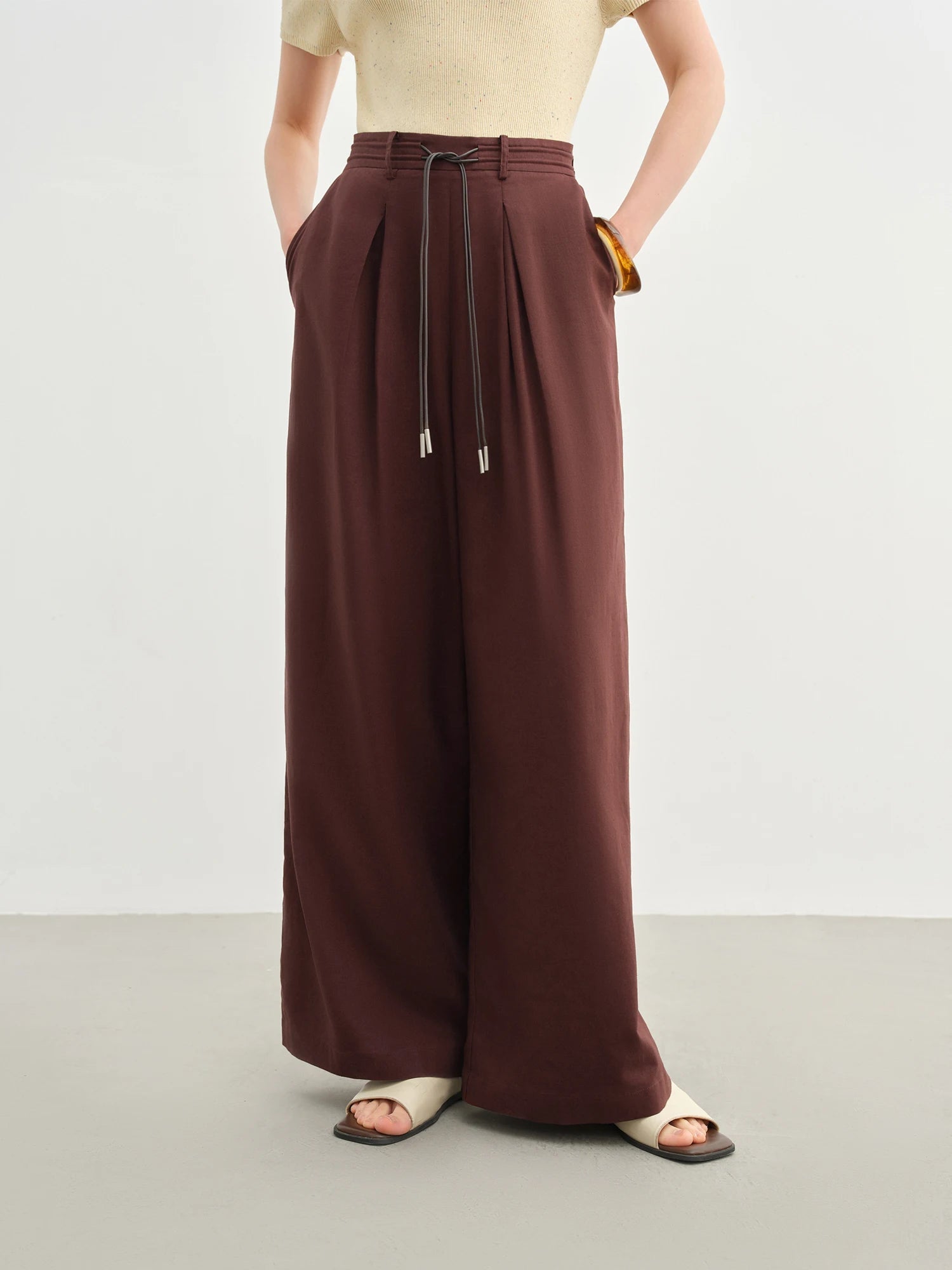 Linen Drawstring Wide-leg Cotton Knitted Drape Loose High Waist Slim Casual Pants Mssza
