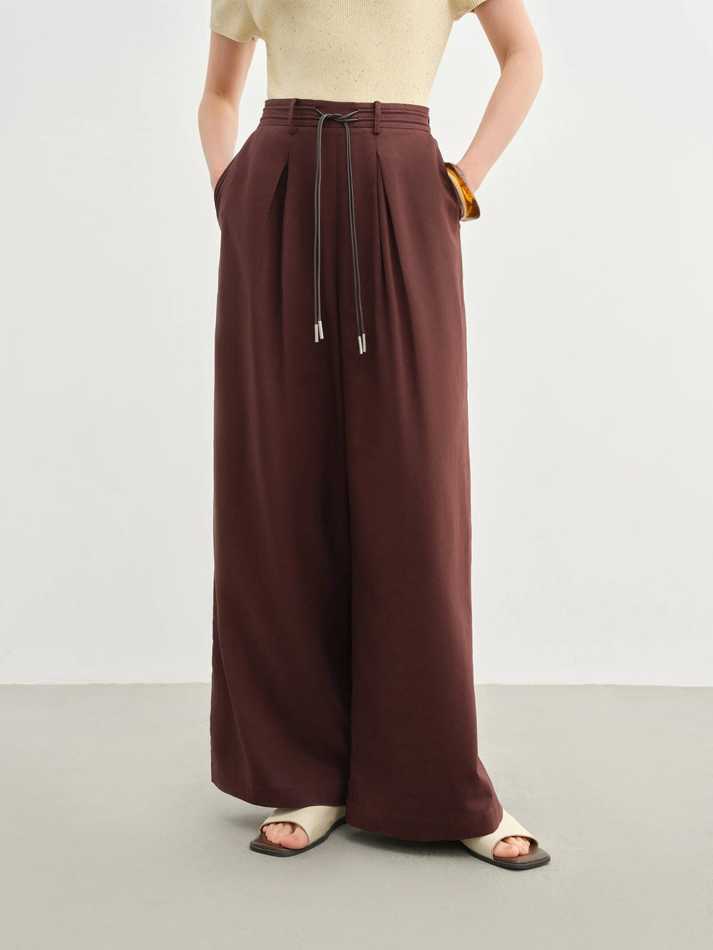 Linen Drawstring Wide-leg Cotton Knitted Drape Loose High Waist Slim Casual Pants Mssza