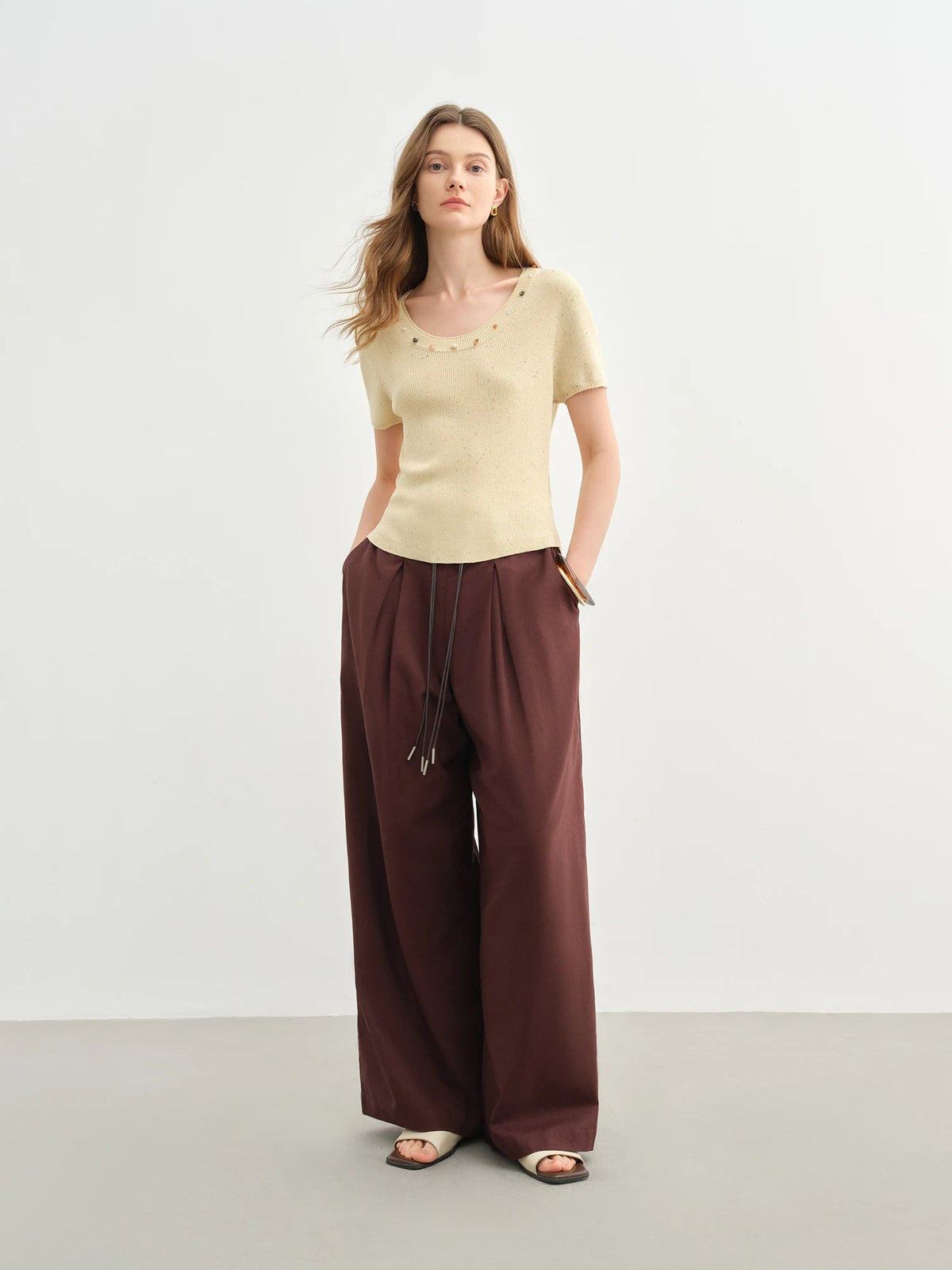 Linen Drawstring Wide-leg Cotton Knitted Drape Loose High Waist Slim Casual Pants Mssza