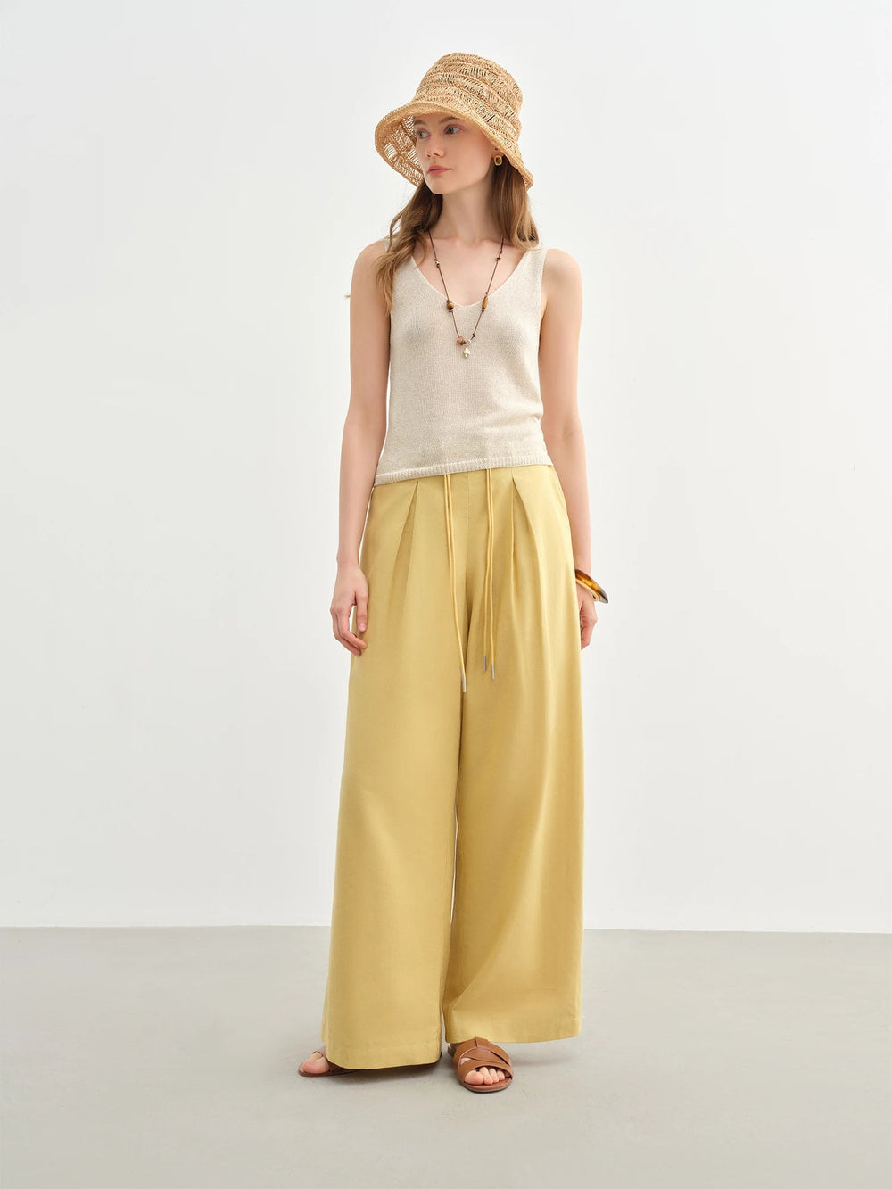 Linen Drawstring Wide-leg Cotton Knitted Drape Loose High Waist Slim Casual Pants Mssza
