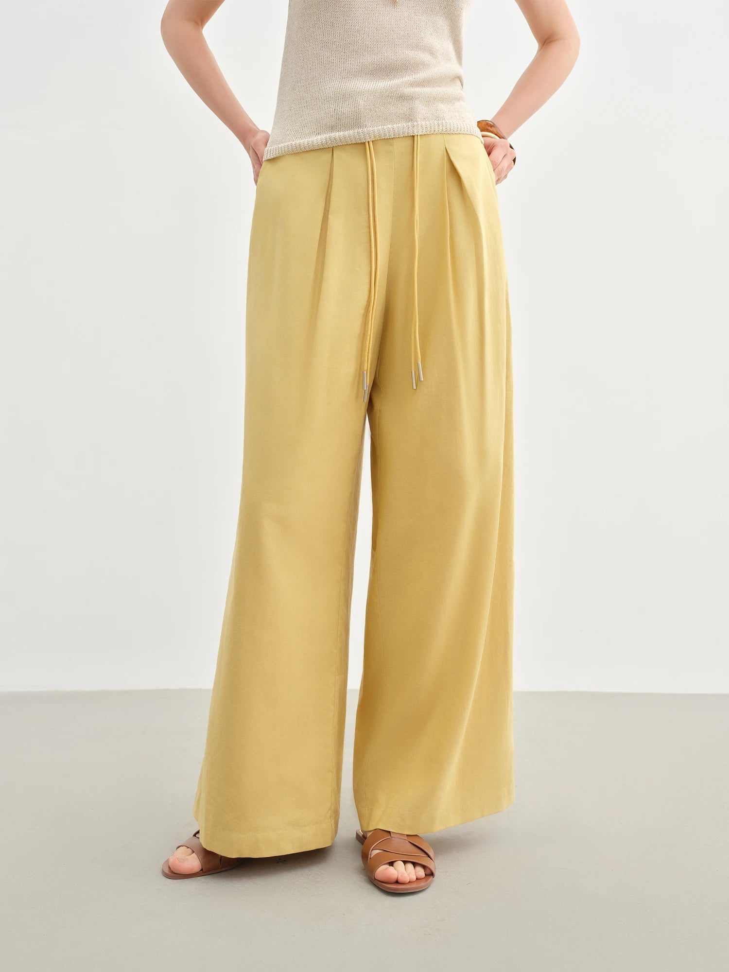 Linen Drawstring Wide-leg Cotton Knitted Drape Loose High Waist Slim Casual Pants Mssza