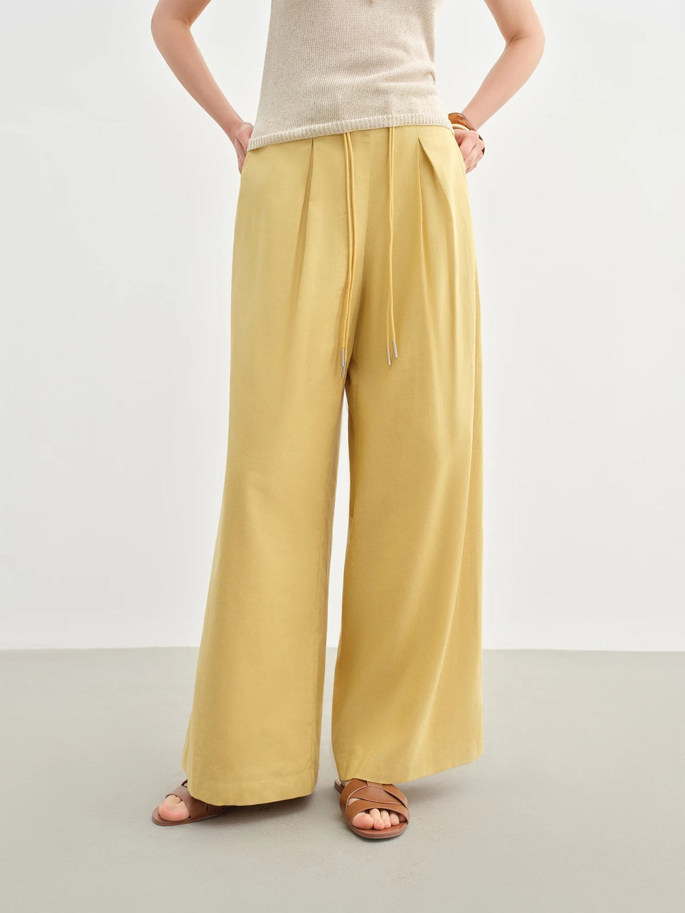 Linen Drawstring Wide-leg Cotton Knitted Drape Loose High Waist Slim Casual Pants Mssza