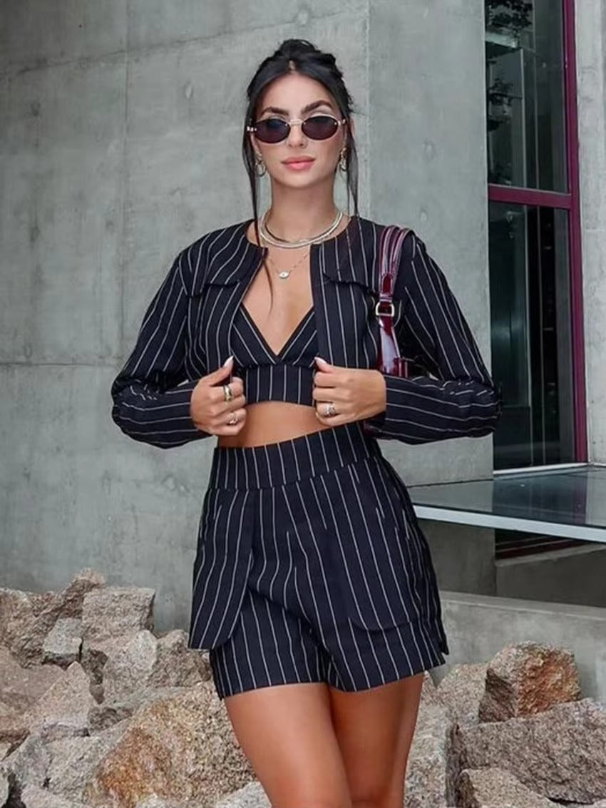 Striped Long Sleeve O-Neck Lingerie Tank Tops Shorts Pyjamas 3 Piece Set Suit Mssza