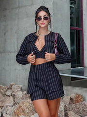 Striped Long Sleeve O-Neck Lingerie Tank Tops Shorts Pyjamas 3 Piece Set Suit Mssza