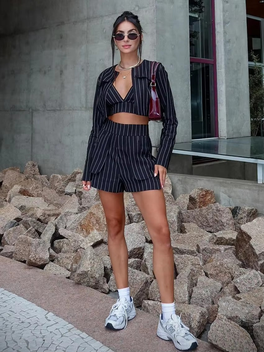 Striped Long Sleeve O-Neck Lingerie Tank Tops Shorts Pyjamas 3 Piece Set Suit Mssza