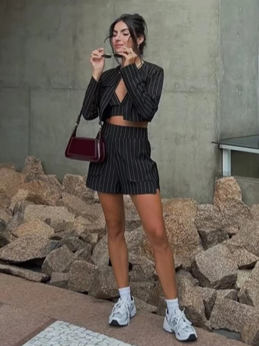 Striped Long Sleeve O-Neck Lingerie Tank Tops Shorts Pyjamas 3 Piece Set Suit Mssza
