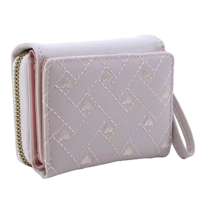 Casual PU Multi Objects Pocket Short Embroidered Love Pattern Wallet Tri Fold Card Bag Mssza