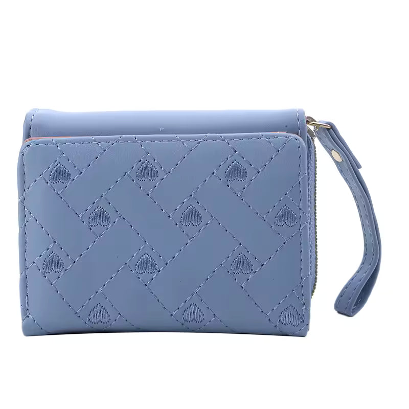 Casual PU Multi Objects Pocket Short Embroidered Love Pattern Wallet Tri Fold Card Bag Mssza