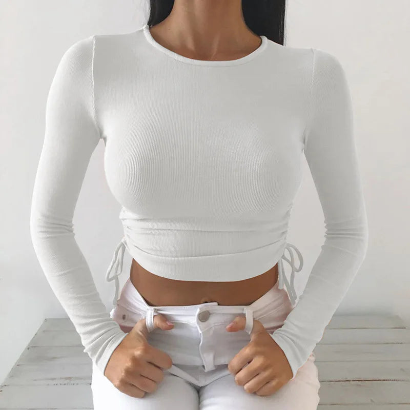 Long Sleeve Bodycon Irregular Drawstring Knitted Solid Cropped Tops Mssza
