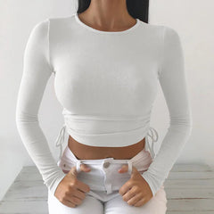 Long Sleeve Bodycon Irregular Drawstring Knitted Solid Cropped Tops Mssza