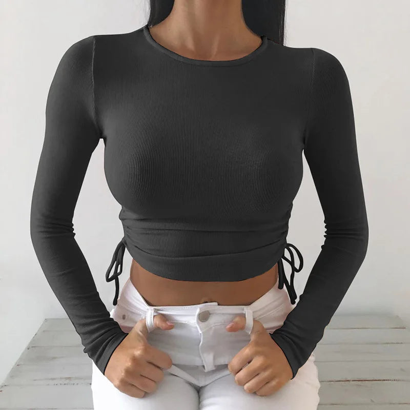 Long Sleeve Bodycon Irregular Drawstring Knitted Solid Cropped Tops Mssza
