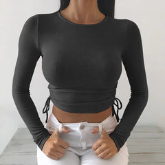 Long Sleeve Bodycon Irregular Drawstring Knitted Solid Cropped Tops Mssza