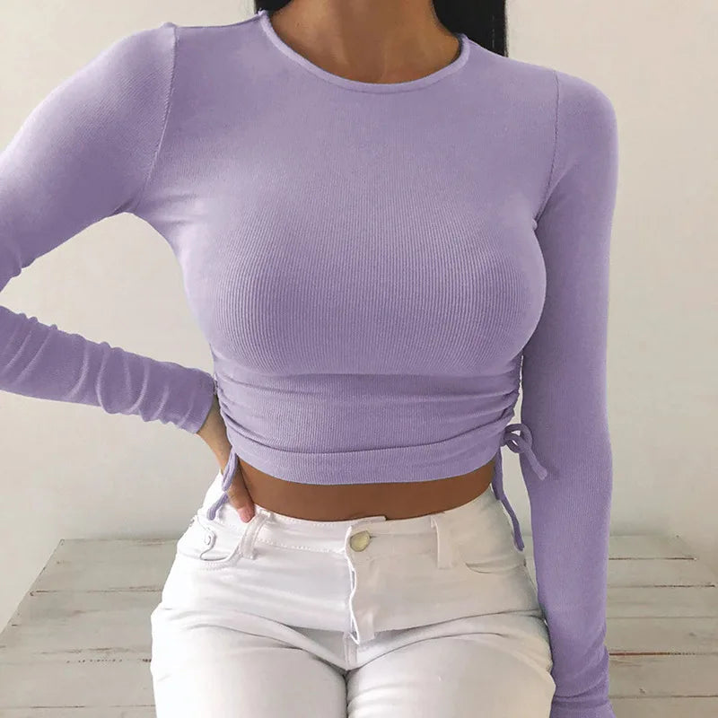 Long Sleeve Bodycon Irregular Drawstring Knitted Solid Cropped Tops Mssza