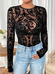 Long Sleeve Bodysuit Round Neck Lace Knit Tangled Slim Elegant Jumpsuit Mssza