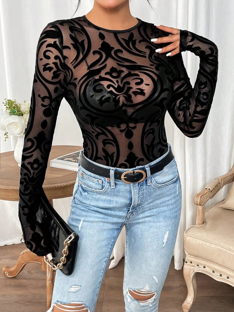 Long Sleeve Bodysuit Round Neck Lace Knit Tangled Slim Elegant Jumpsuit Mssza