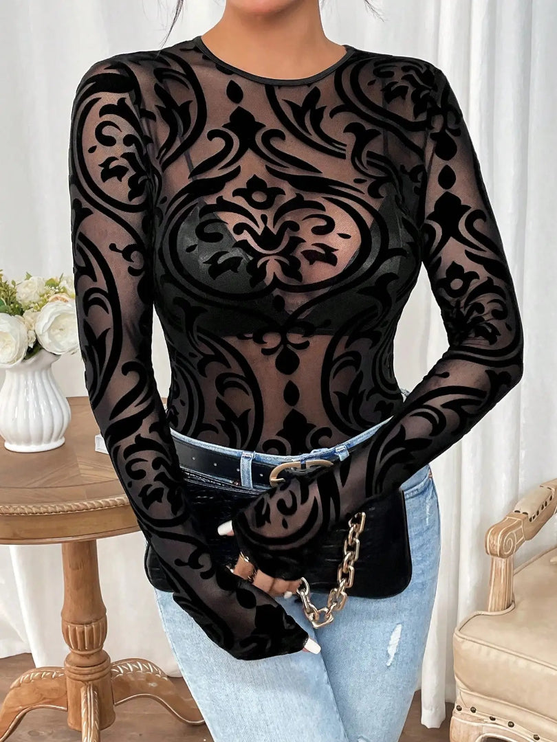 Long Sleeve Bodysuit Round Neck Lace Knit Tangled Slim Elegant Jumpsuit Mssza