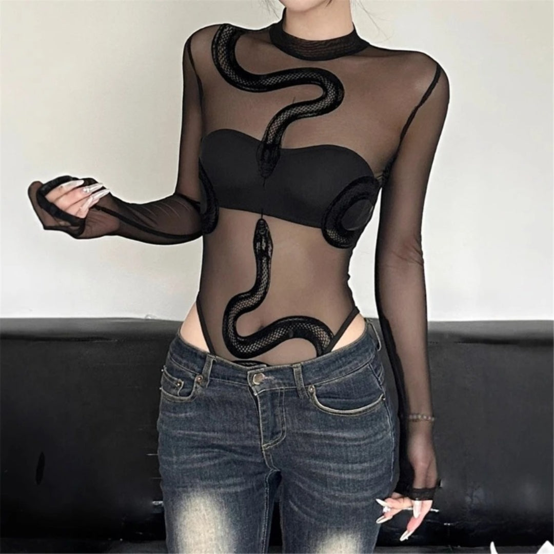 Long Sleeve Bodysuit Round Neck Sheer Leotards Snake Bodysuit Top with Crotch Mssza