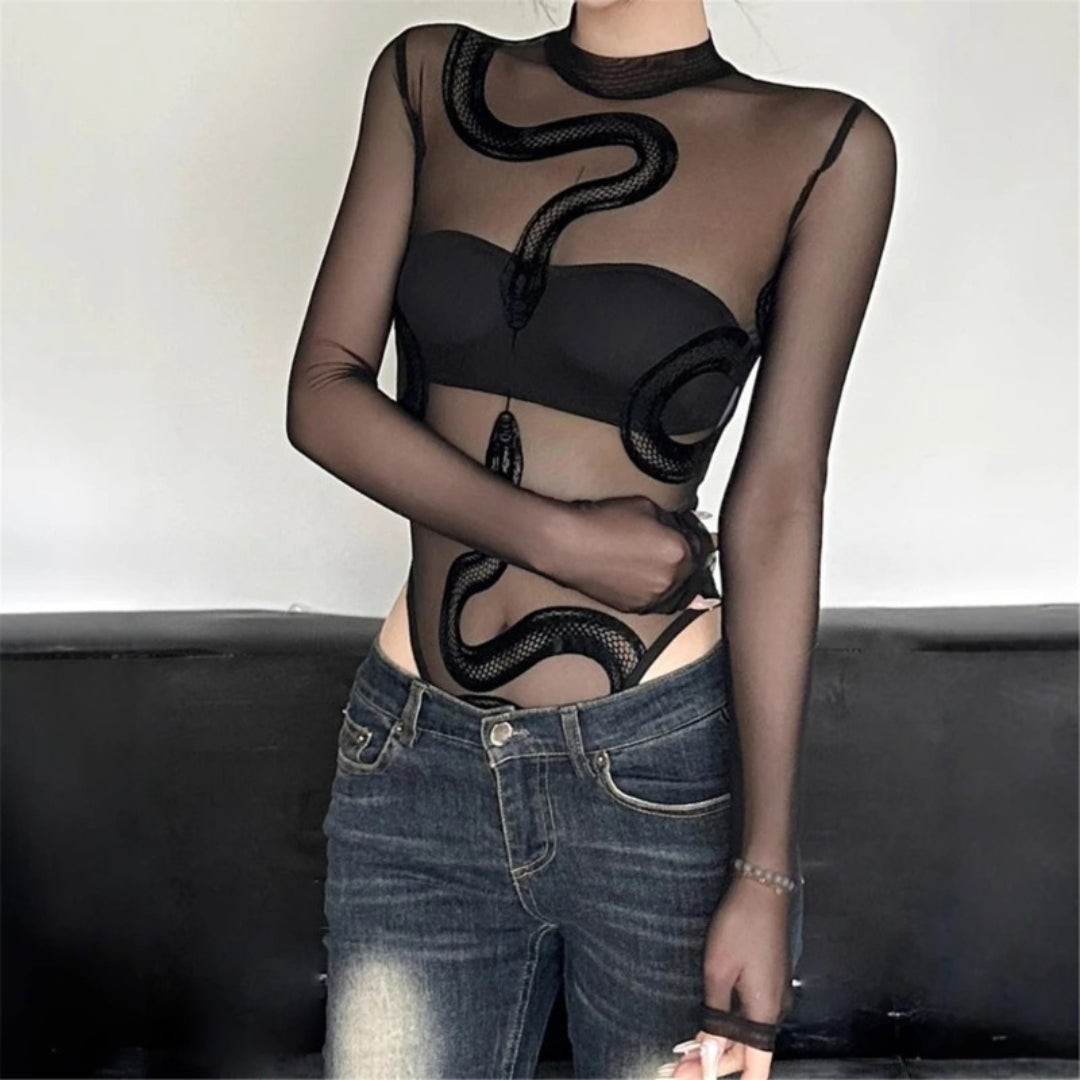 Long Sleeve Bodysuit Round Neck Sheer Leotards Snake Bodysuit Top with Crotch Mssza