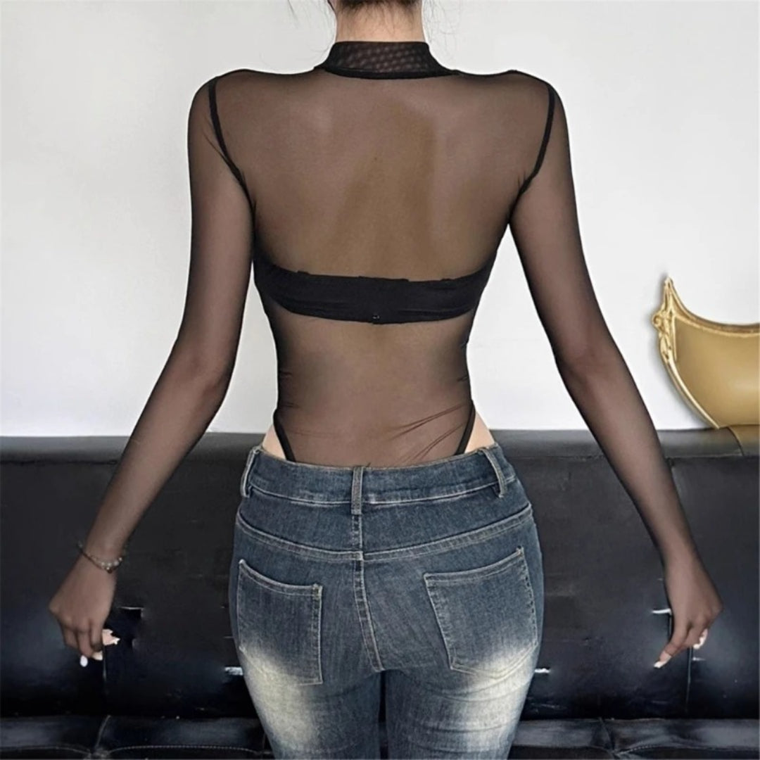 Long Sleeve Bodysuit Round Neck Sheer Leotards Snake Bodysuit Top with Crotch Mssza