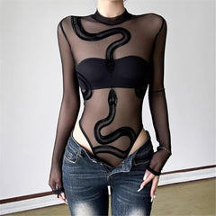 Long Sleeve Bodysuit Round Neck Sheer Leotards Snake Bodysuit Top with Crotch Mssza