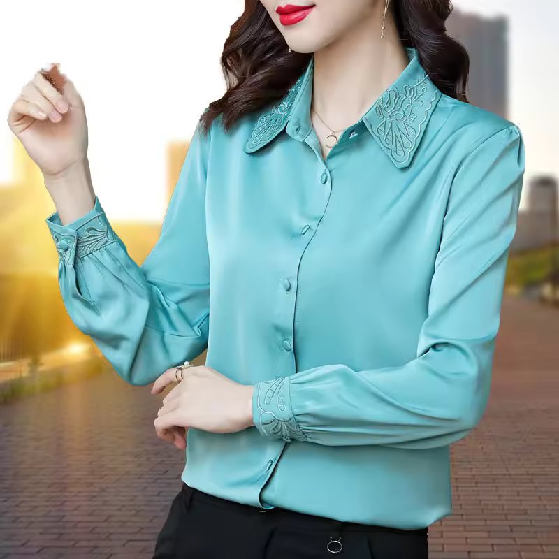 Long Sleeve Button Up Shirt  High Quality Satin Embroidery Elegant Top Blouse Mssza