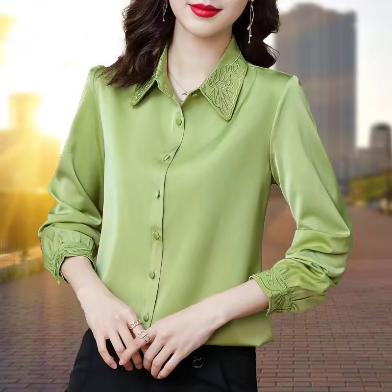 Long Sleeve Button Up Shirt  High Quality Satin Embroidery Elegant Top Blouse Mssza