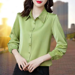 Long Sleeve Button Up Shirt  High Quality Satin Embroidery Elegant Top Blouse Mssza