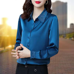 Long Sleeve Button Up Shirt  High Quality Satin Embroidery Elegant Top Blouse Mssza