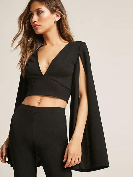 Long Sleeve Cape Shoulder V Neck Crop Top Mssza
