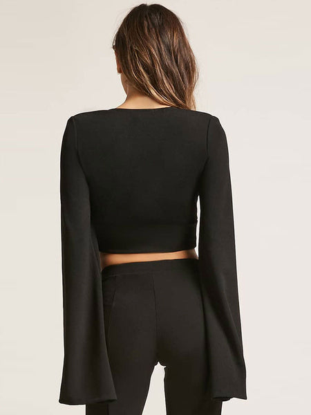Long Sleeve Cape Shoulder V Neck Crop Top Mssza
