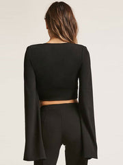 Long Sleeve Cape Shoulder V Neck Crop Top Mssza