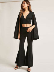 Long Sleeve Cape Shoulder V Neck Crop Top Mssza