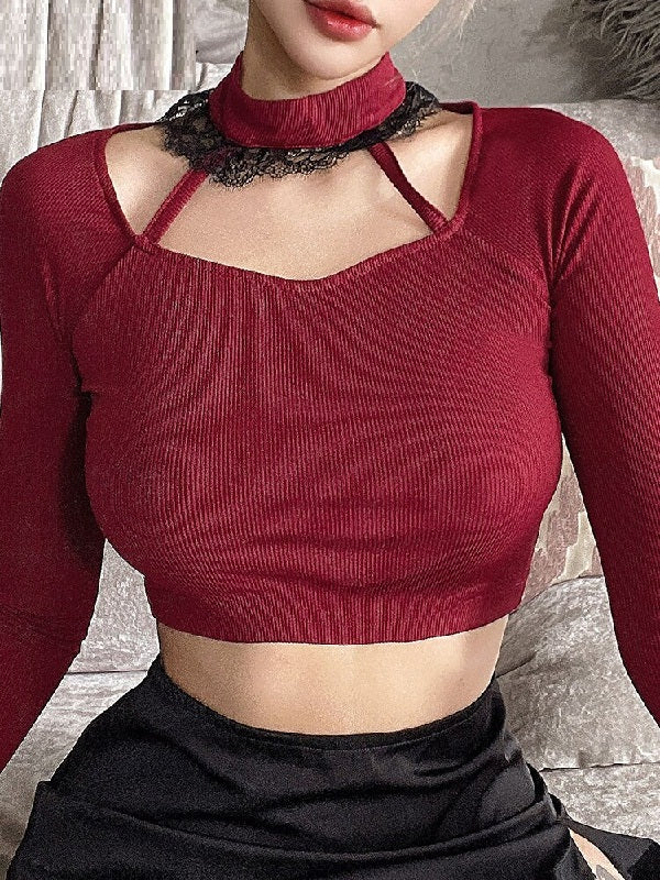Long Sleeve Casual Crew Neck Solid Elegant Crop Top Mssza