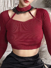 Long Sleeve Casual Crew Neck Solid Elegant Crop Top Mssza