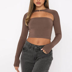 Long Sleeve Casual Solid Color Backless Slim Fit Cutout Crop Tops Mssza
