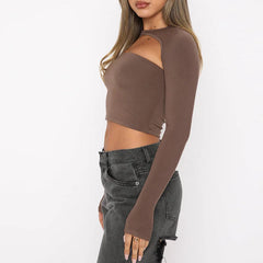Long Sleeve Casual Solid Color Backless Slim Fit Cutout Crop Tops Mssza