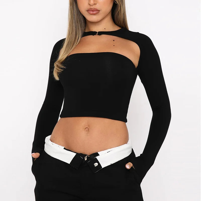 Long Sleeve Casual Solid Color Backless Slim Fit Cutout Crop Tops Mssza