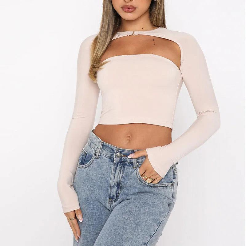 Long Sleeve Casual Solid Color Backless Slim Fit Cutout Crop Tops Mssza