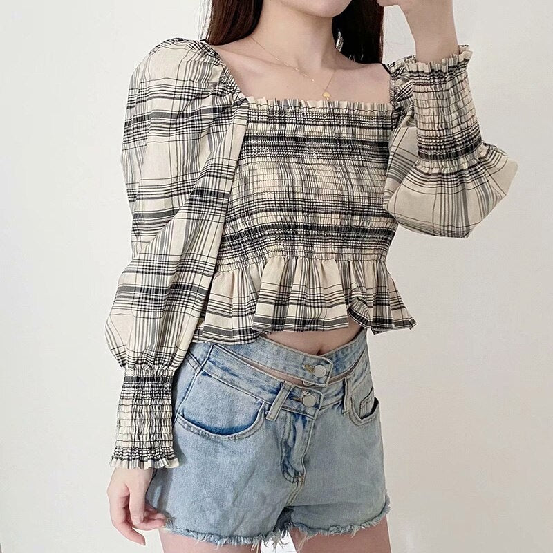 Long Sleeve Casual Square Collar Stretch Bodycon Blouses Mssza