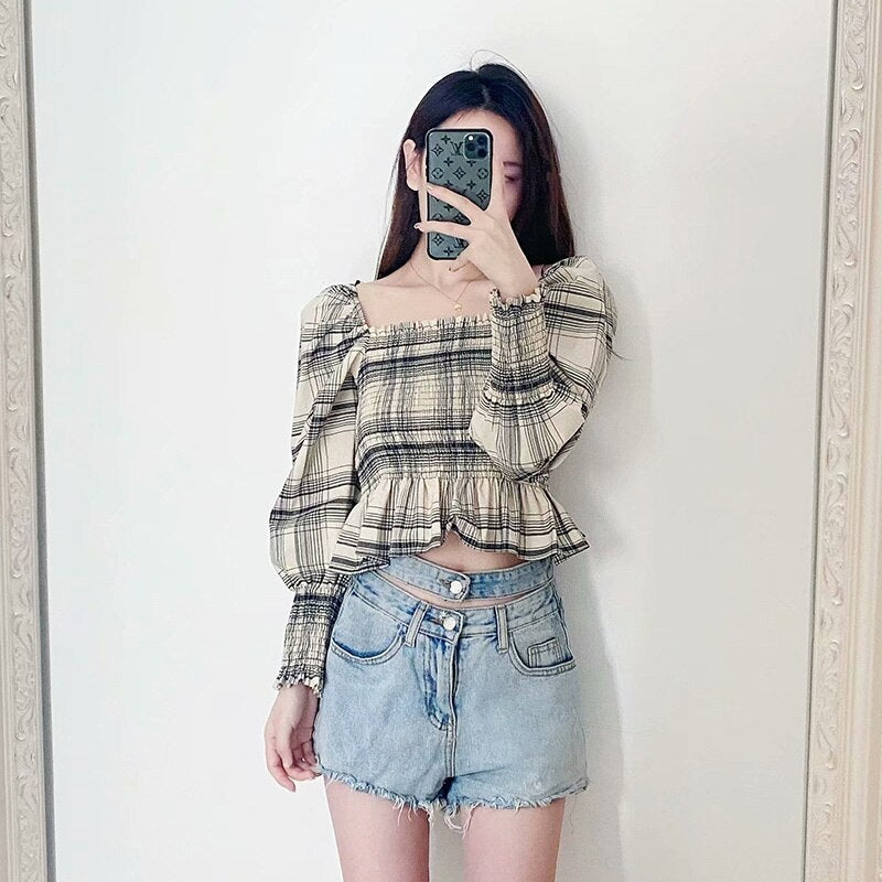 Long Sleeve Casual Square Collar Stretch Bodycon Blouses Mssza