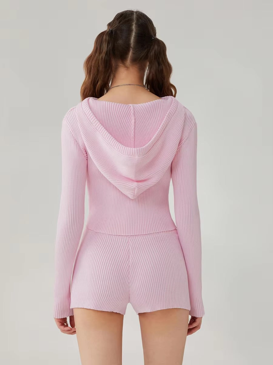Elegant Solid Long Sleeve Hooded Zipped Sweater with Flower Shorts Mssza